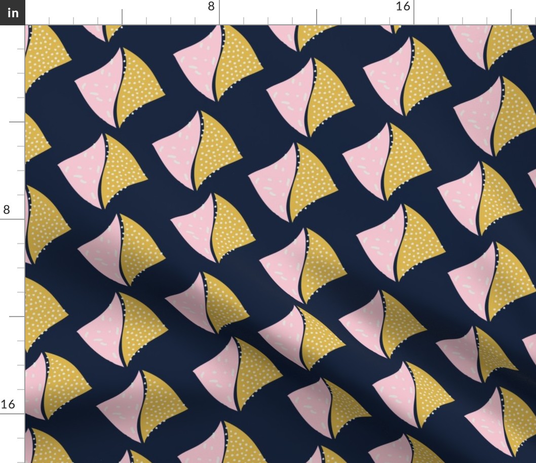 Abstract fins pink and yellow on navy blue