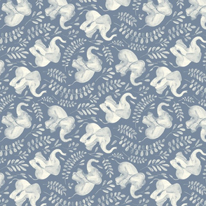 Laughing Baby Elephants - monochrome soft blue and cream - rotated