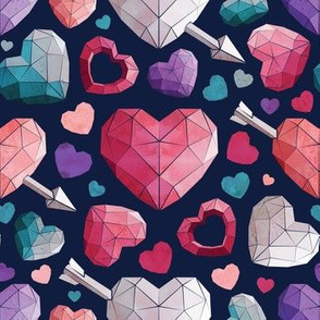 Small scale // Geometric Valentine's hearts // navy blue background ad lines red coral violet and teal hearts golden lines