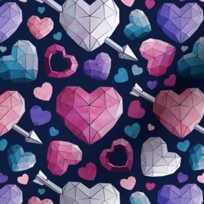 Small scale // Geometric Valentine's hearts // navy blue background and lines pink violet and teal hearts