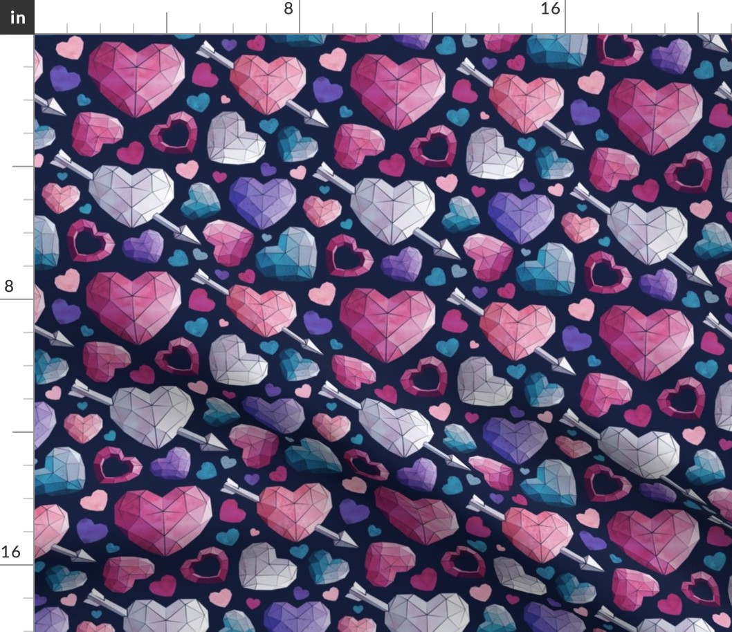 Small scale // Geometric Valentine's hearts // navy blue background and lines pink violet and teal hearts