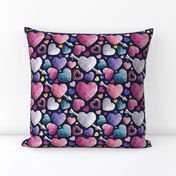 Small scale // Geometric Valentine's hearts // navy blue background pink violet and teal hearts golden lines