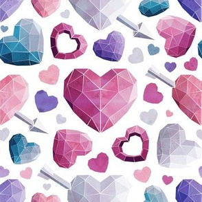 Small scale // Geometric Valentine's hearts // white background and lines pink violet and teal hearts
