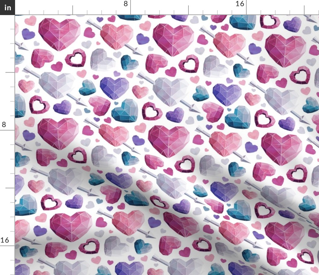 Small scale // Geometric Valentine's hearts // white background and lines pink violet and teal hearts