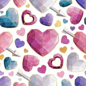 Small scale // Geometric Valentine's hearts // white background pink violet and teal hearts golden lines