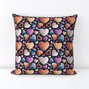 Small scale // Geometric Valentine's hearts // navy blue background orange brown blue pink hearts golden lines