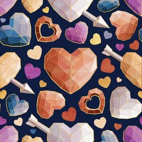 Small scale // Geometric Valentine's hearts // navy blue background orange brown blue pink hearts golden lines