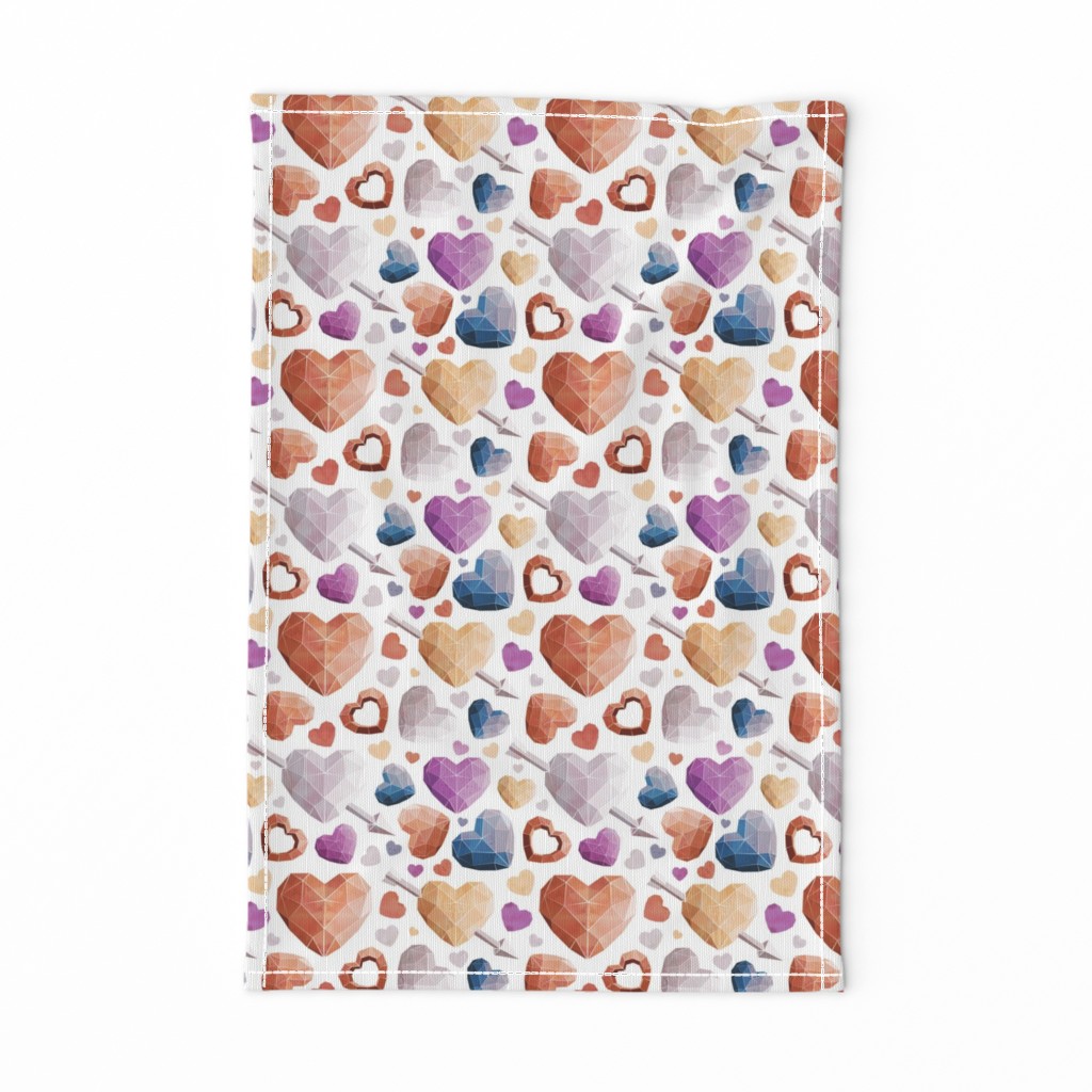 Small scale // Geometric Valentine's hearts // white background and lines orange brown blue pink hearts