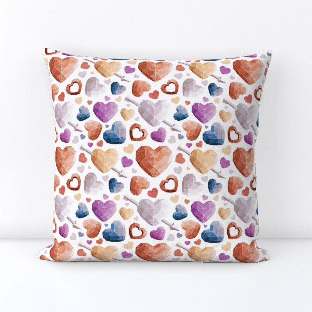 Small scale // Geometric Valentine's hearts // white background and lines orange brown blue pink hearts