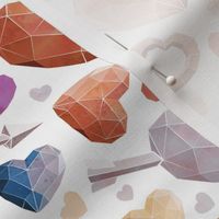 Small scale // Geometric Valentine's hearts // white background and lines orange brown blue pink hearts