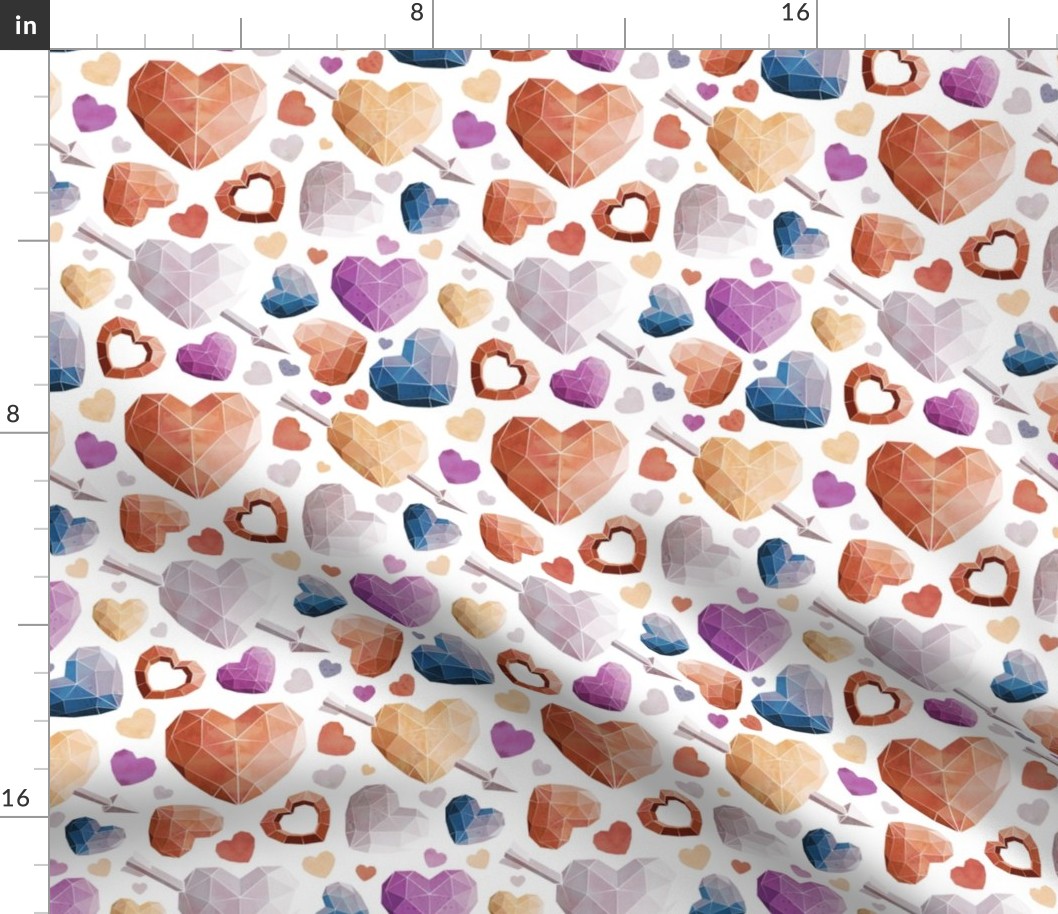 Small scale // Geometric Valentine's hearts // white background and lines orange brown blue pink hearts