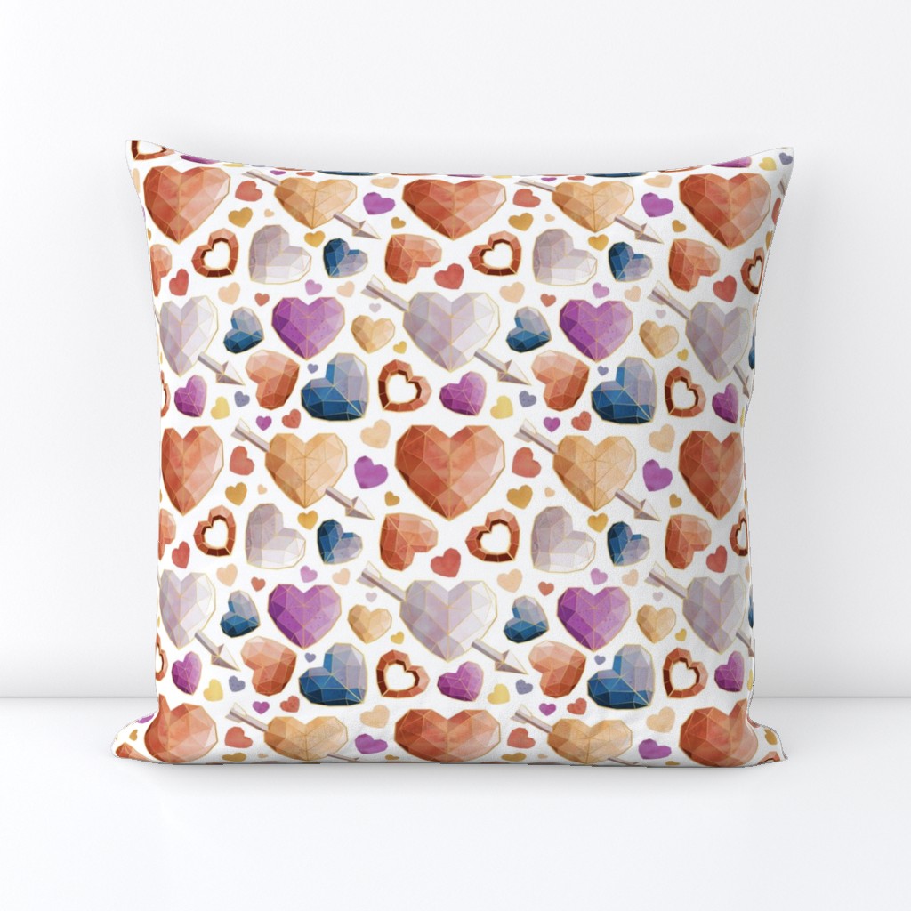 Small scale // Geometric Valentine's hearts // white background orange brown blue pink hearts golden lines