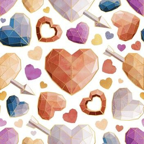 Small scale // Geometric Valentine's hearts // white background orange brown blue pink hearts golden lines
