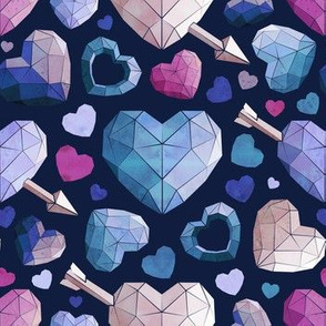Small scale // Geometric Valentine's hearts // navy blue background and lines violet blue pink hearts