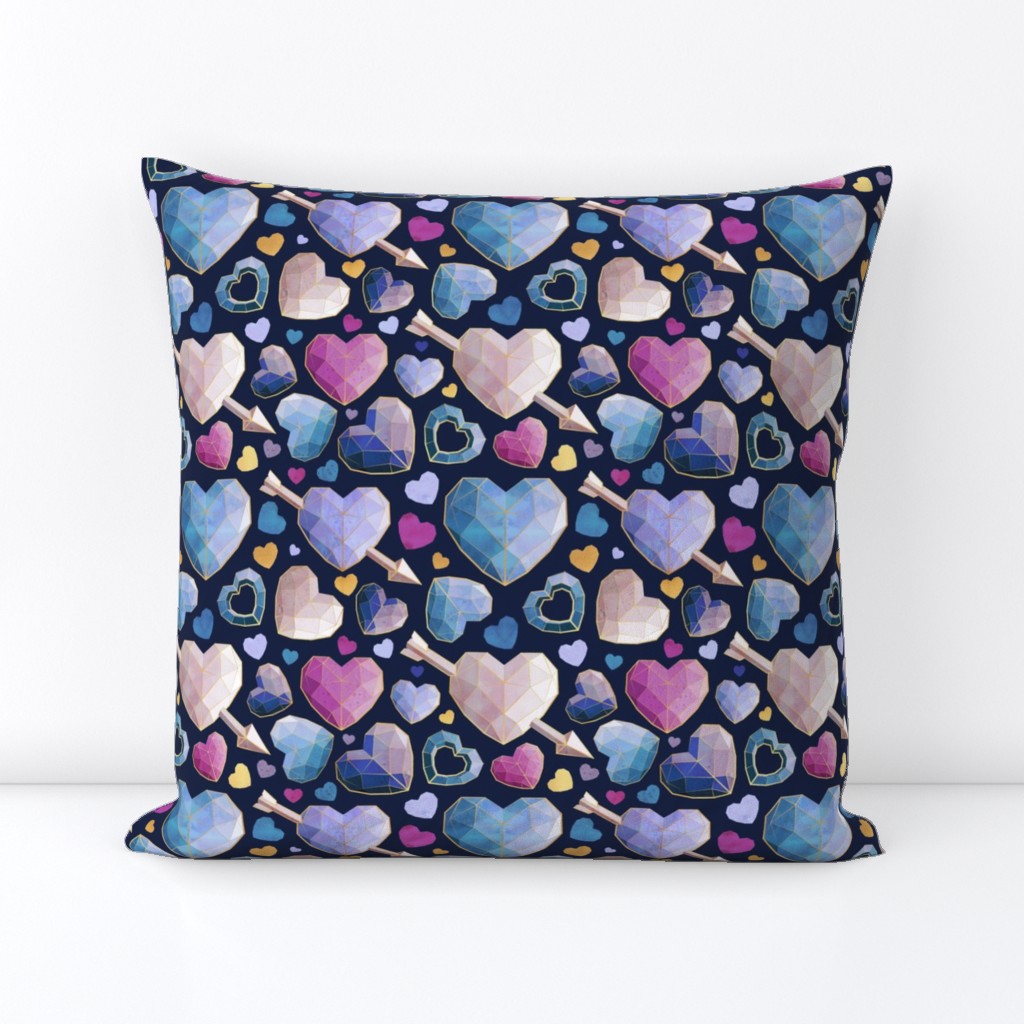 Small scale // Geometric Valentine's hearts // navy blue background violet blue pink hearts golden lines