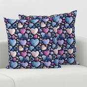 Small scale // Geometric Valentine's hearts // navy blue background violet blue pink hearts golden lines