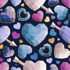 Small scale // Geometric Valentine's hearts // navy blue background violet blue pink hearts golden lines