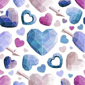Small scale // Geometric Valentine's hearts // white background and lines violet blue pink hearts