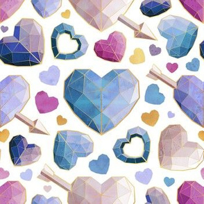 Small scale // Geometric Valentine's hearts // white background violet blue pink hearts golden lines
