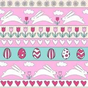 rabbit run fabric  - easter fabric, easter egg fabric, easter rabbit fabric, pastel fair isle fabric, easter pattern - pinks