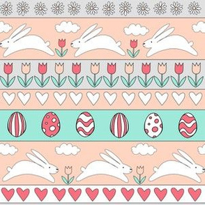 rabbit run fabric  - easter fabric, easter egg fabric, easter rabbit fabric, pastel fair isle fabric, easter pattern - peach