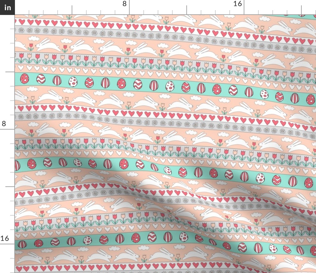 rabbit run fabric  - easter fabric, easter egg fabric, easter rabbit fabric, pastel fair isle fabric, easter pattern - peach
