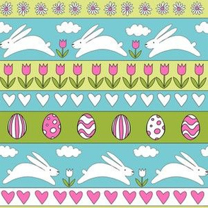 rabbit run fabric  - easter fabric, easter egg fabric, easter rabbit fabric, pastel fair isle fabric, easter pattern - turquoise