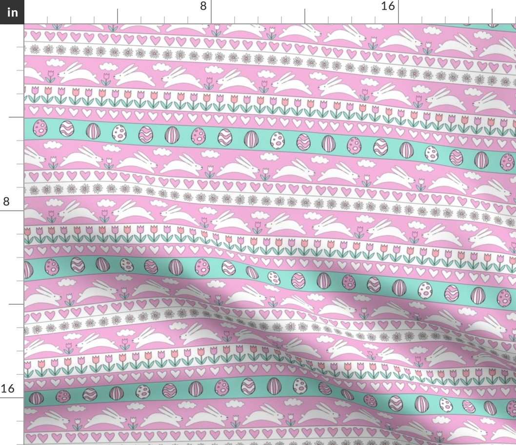 rabbit run fabric  - easter fabric, easter egg fabric, easter rabbit fabric, pastel fair isle fabric, easter pattern - pink