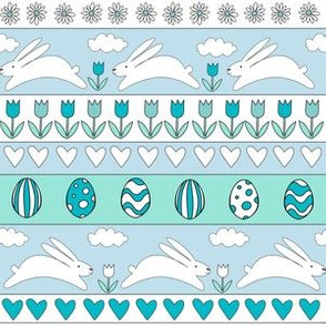 rabbit run fabric  - easter fabric, easter egg fabric, easter rabbit fabric, pastel fair isle fabric, easter pattern - blue