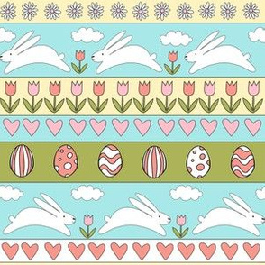 rabbit run fabric  - easter fabric, easter egg fabric, easter rabbit fabric, pastel fair isle fabric, easter pattern - bright