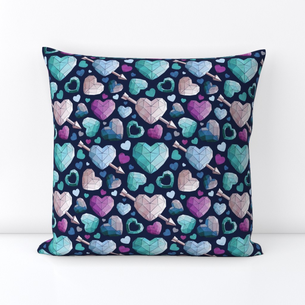 Small scale // Geometric Valentine's hearts // navy blue background and lines violet blue aqua hearts