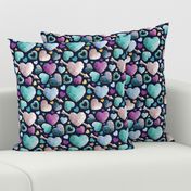 Small scale // Geometric Valentine's hearts // navy blue background violet blue aqua hearts golden lines