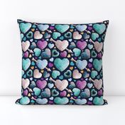 Small scale // Geometric Valentine's hearts // navy blue background violet blue aqua hearts golden lines