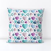 Small scale // Geometric Valentine's hearts // white background and lines violet blue aqua hearts