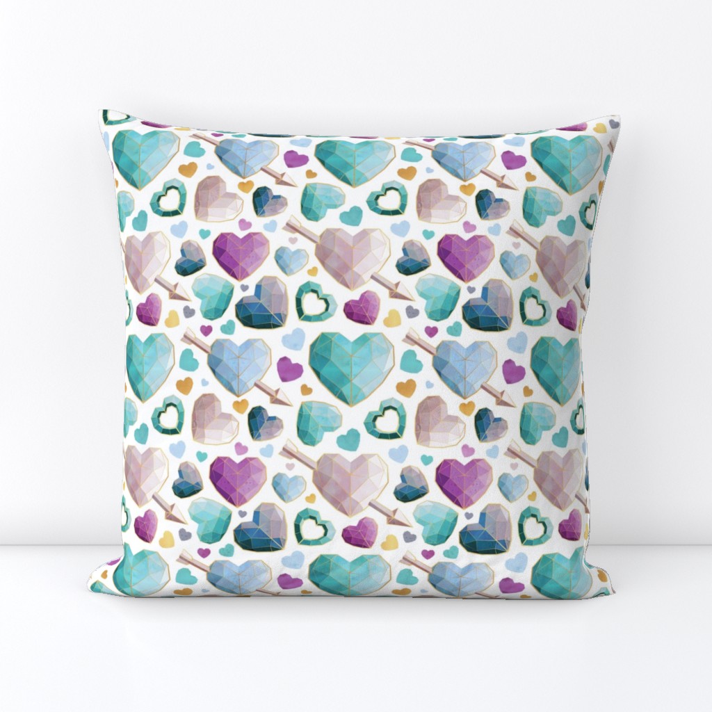 Small scale // Geometric Valentine's hearts // white background violet blue aqua hearts golden lines