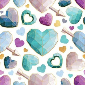 Small scale // Geometric Valentine's hearts // white background violet blue aqua hearts golden lines