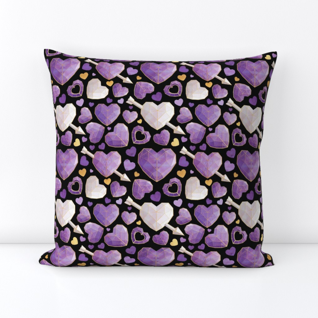 Small scale // Geometric Valentine's hearts // black background violet hearts golden lines