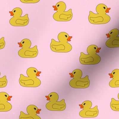 rubber duckie fabric - rubber duck fabric, cute bathtime fabric, bath fabric, baby fabric, kids fabric - pink and yellow