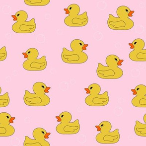 rubber duckie fabric - rubber duck fabric, cute bathtime fabric, bath fabric, baby fabric, kids fabric - pink and yellow