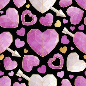 Small scale // Geometric Valentine's hearts // black background pink hearts golden lines