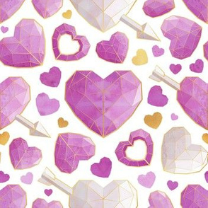 Small scale // Geometric Valentine's hearts // white background pink hearts golden lines
