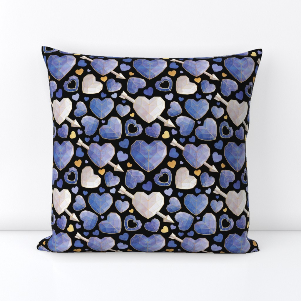 Small scale // Geometric Valentine's hearts // black background indigo blue hearts golden lines