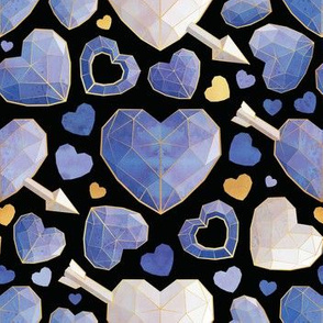 Small scale // Geometric Valentine's hearts // black background indigo blue hearts golden lines