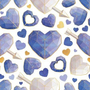 Small scale // Geometric Valentine's hearts // white background indigo blue hearts golden lines
