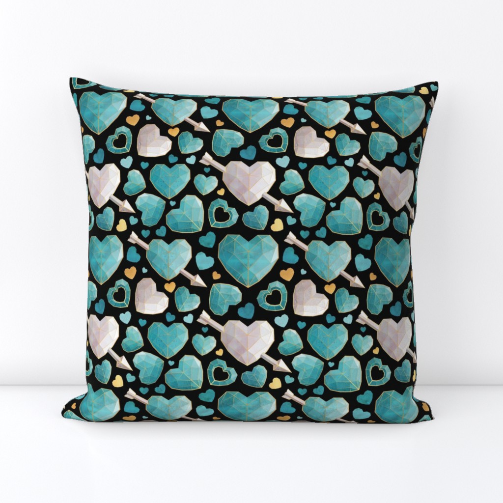 Small scale // Geometric Valentine's hearts // black background aqua and mint hearts golden lines