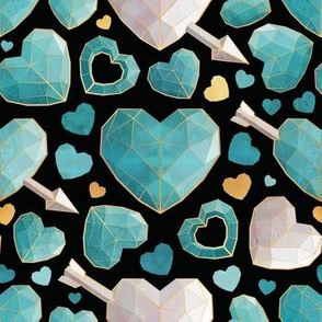 Small scale // Geometric Valentine's hearts // black background aqua and mint hearts golden lines