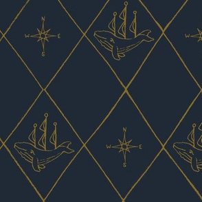large diamond whimsical nautical whale ship and compass navy gold, kids boy, tall ship, adventure, baby boy, nautical nursery, home decor