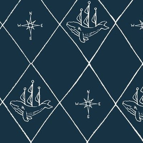 large nautical diamond whale ships and compass dark turquoise blue and white, baby boy, nursery, kids, home decor, nautical, compass, tall ship, whale , chevron, line drawing, diamond