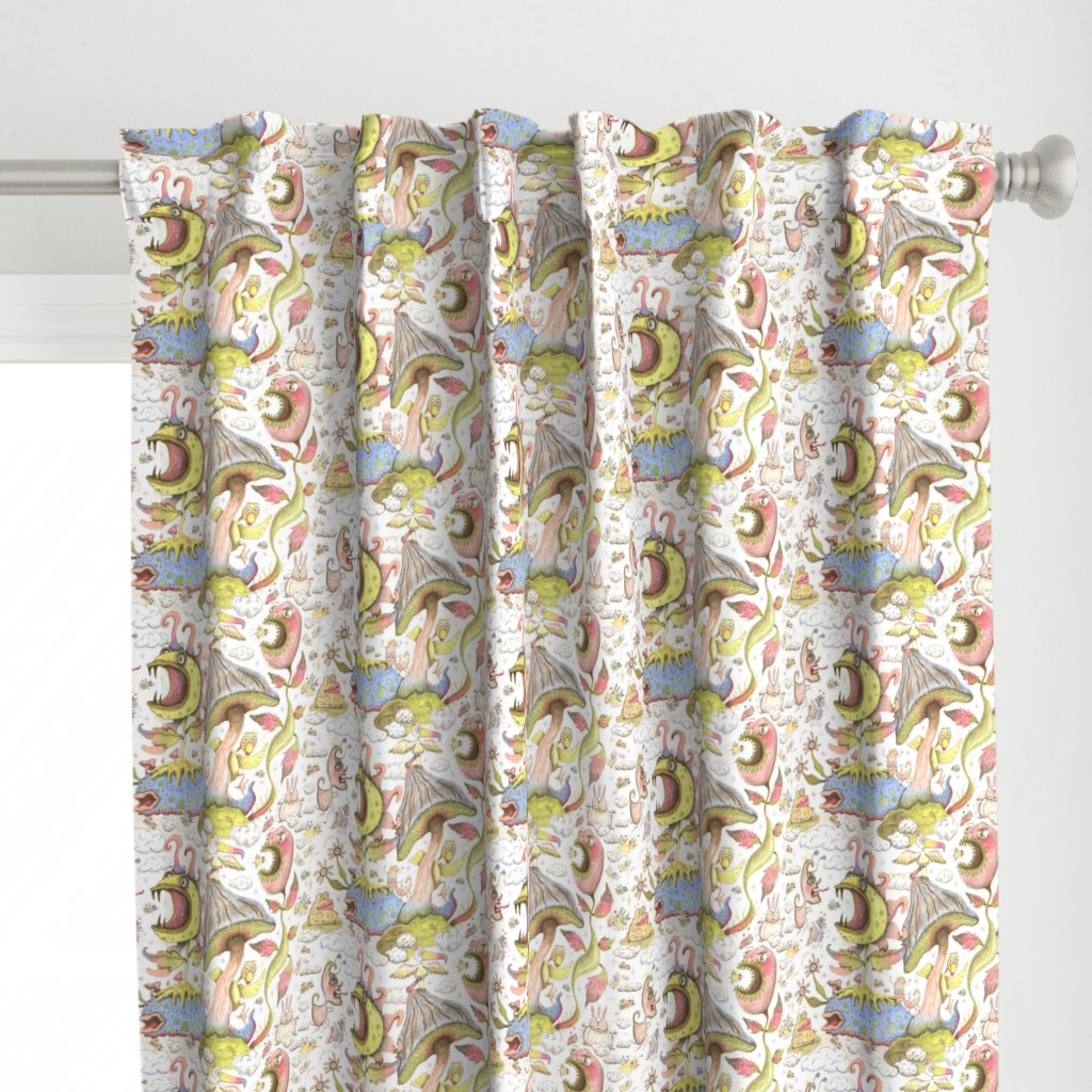 quirky spring flora and fauna fantasy pastels, large scale, white blue yellow green pink brown coral red