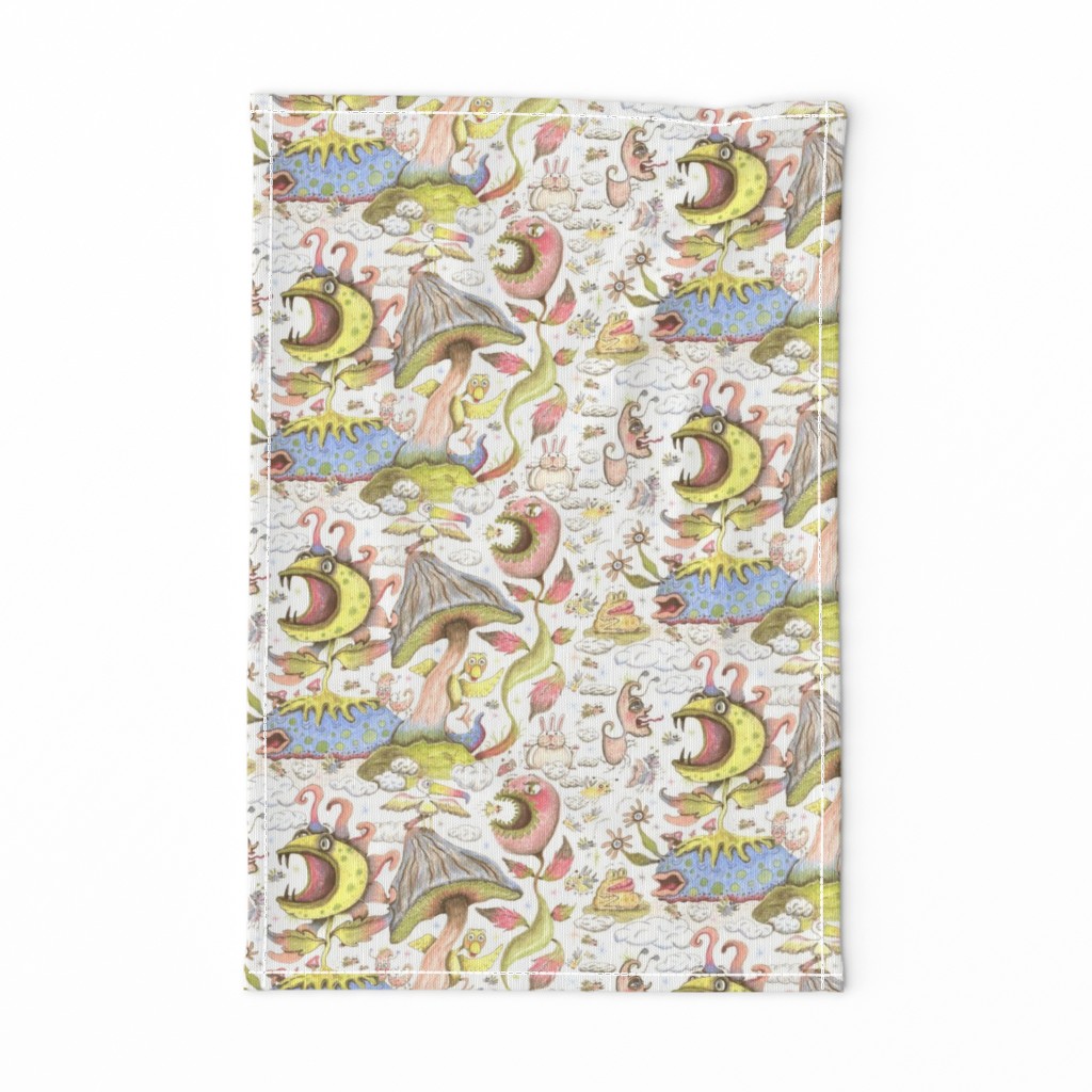 quirky spring flora and fauna fantasy pastels, large scale, white blue yellow green pink brown coral red